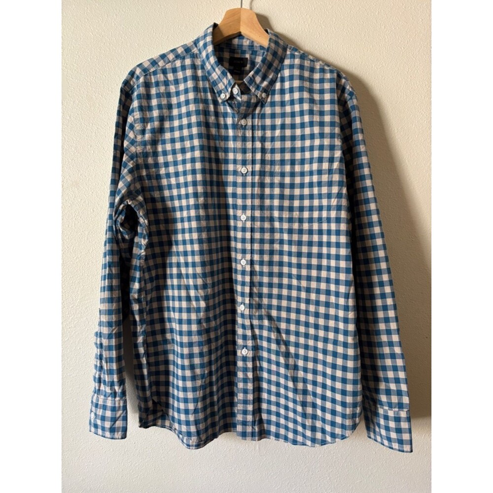 J Crew Taupe and Blue Gingham Men’s Cotton Long Sleeve Button Down Size Large